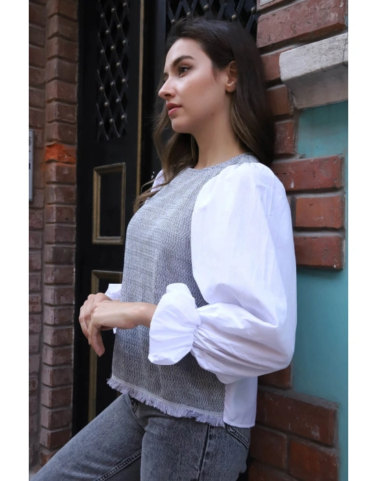 Balon Kol Bluz - BEYAZ