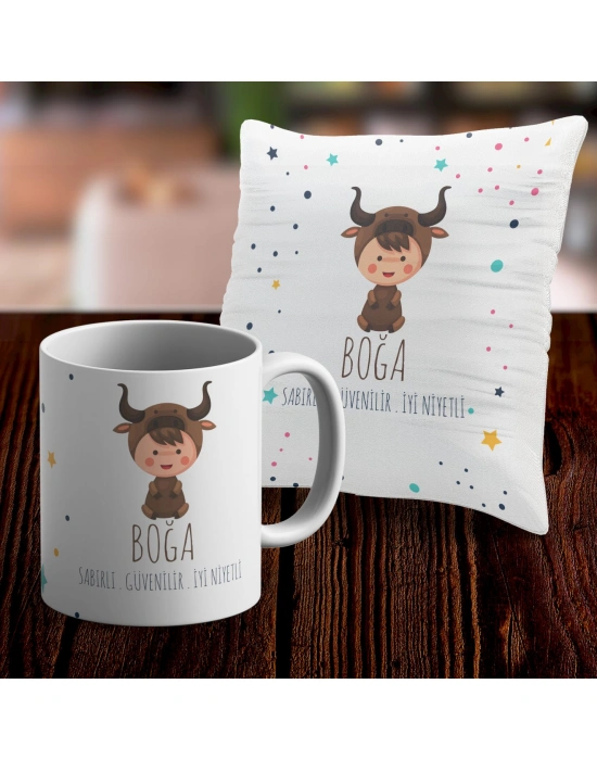 Boğa Tasarımlı Sevimli Kupa ve Yastık Kılıfı Seti