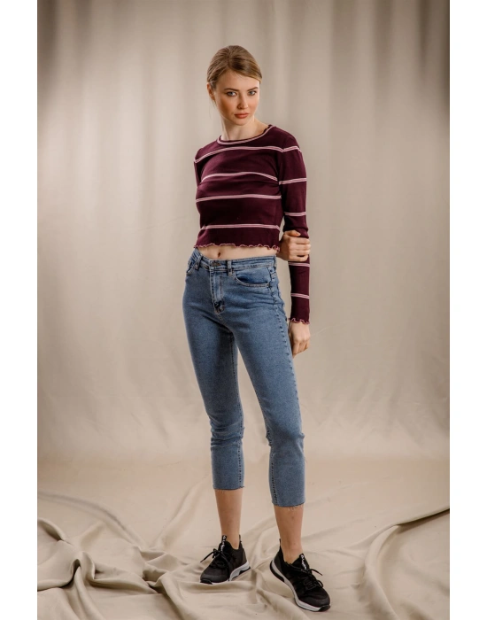 Çizgili Crop Triko - BORDO