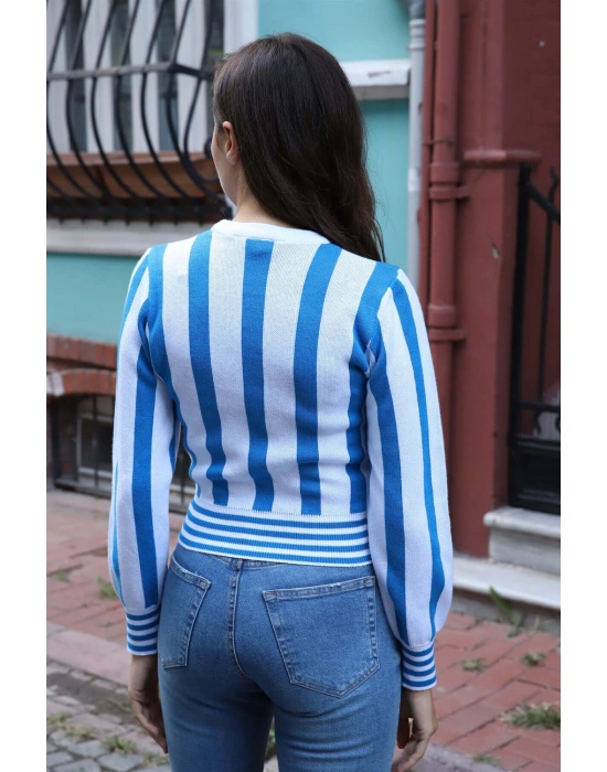 Çizgili Tasarım Triko Bluz - MAVİ