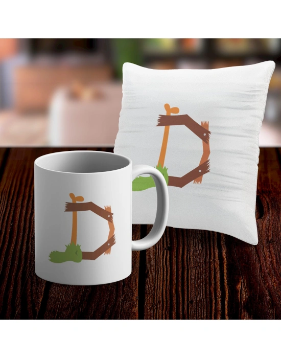 D Harfi Tasarımlı Kupa ve Yastık Kılıfı Hediye Seti