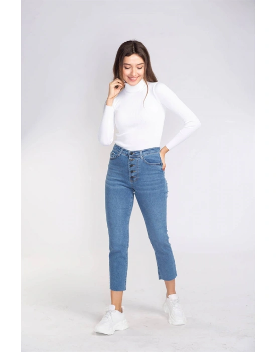 Düğme Detaylı Kesik Paça Slim Fit Jean-MAVİ