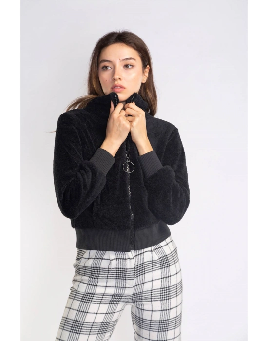 Fermuarlı Mevsimlik Peluş Ceket-SİYAH