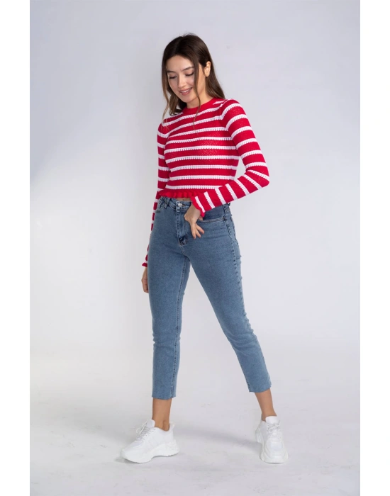 Fırfır Detaylı Çizgili Triko Bluz-KIRMIZI