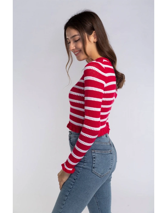 Fırfır Detaylı Çizgili Triko Bluz-KIRMIZI