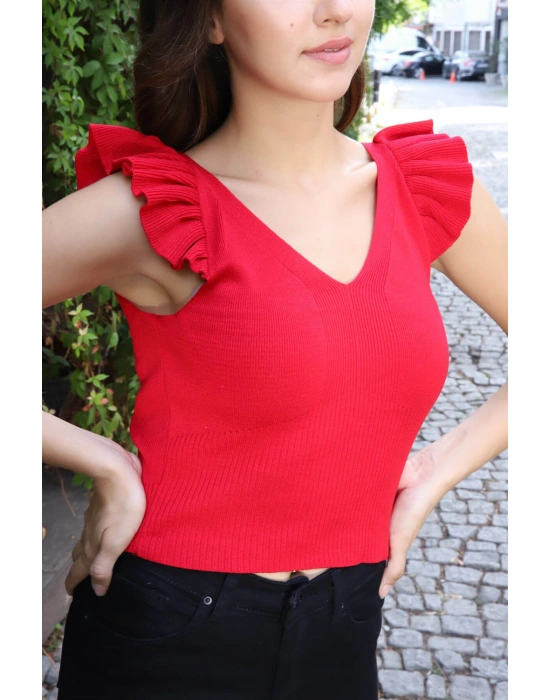 Fırfır Detaylı Triko Bluz - KIRMIZI