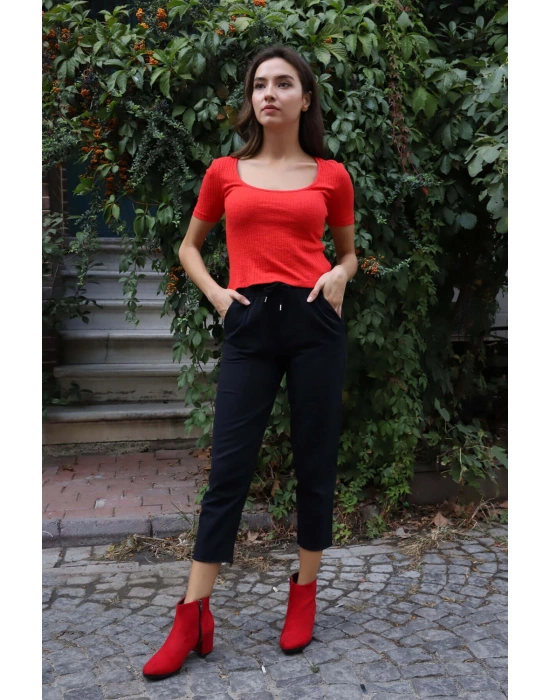 Geniş Yaka Triko Bluz - KIRMIZI