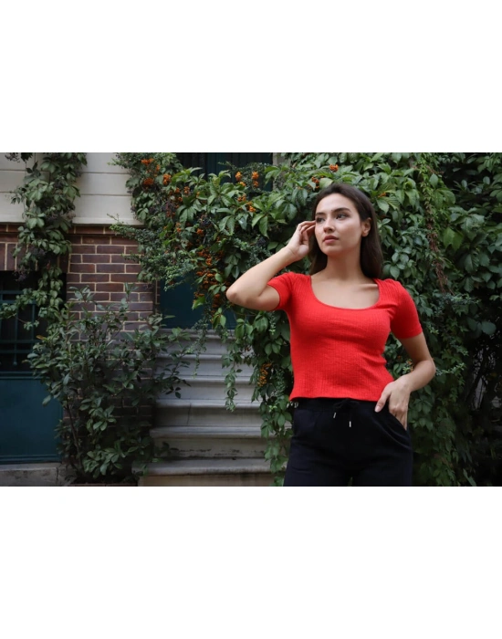 Geniş Yaka Triko Bluz - KIRMIZI