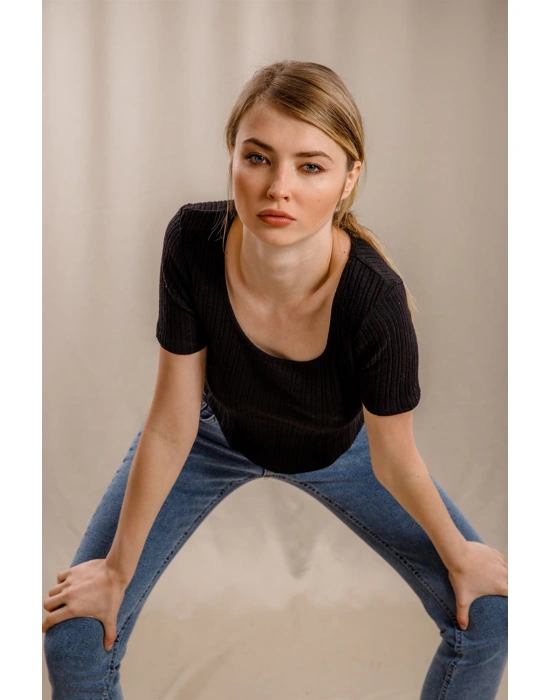 Geniş Yaka Triko Bluz - SİYAH