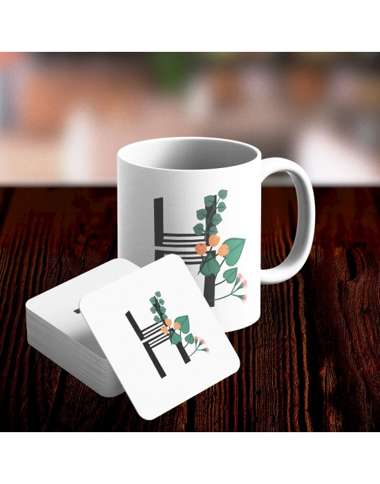 H Harfi Tasarımlı Kupa ve Bardak Altlığı Seti