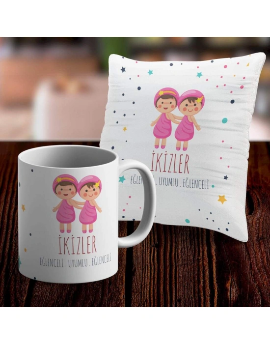 İkizler Tasarımlı Sevimli Kupa ve Yastık Kılıfı Seti