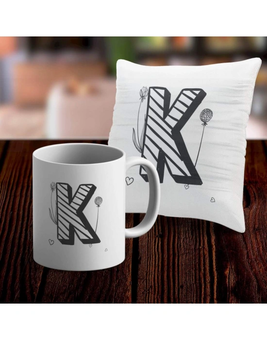 K Harfi Tasarımlı Kupa ve Yastık Kılıfı Hediye Seti
