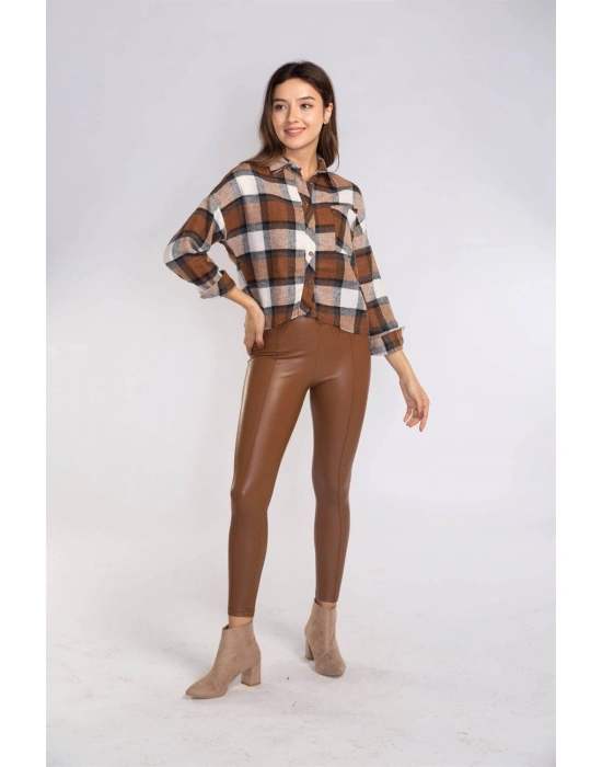 Kesik Uçlu Ekose Gömlek-KAHVERENGİ