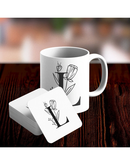 L Harfi Tasarımlı Kupa ve Bardak Altlığı Seti