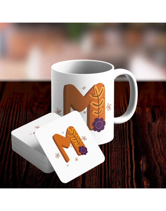 M Harfi Tasarımlı Kupa ve Bardak Altlığı Seti