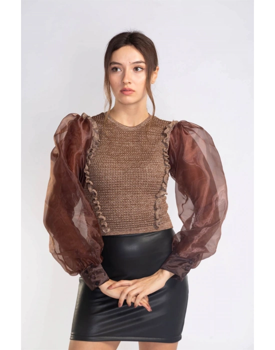 Organze Balon Kol Bluz-KAHVERENGİ