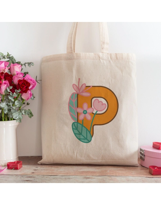 P Harfi Tasarımlı Alışveriş Plaj Bez Çanta