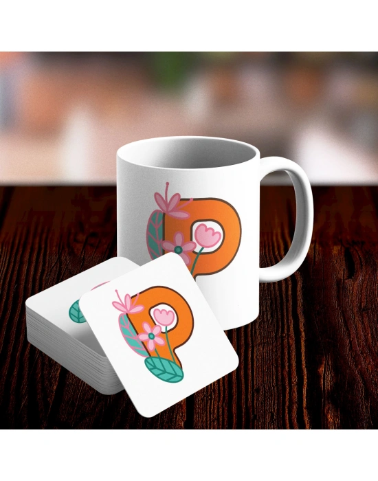 P Harfi Tasarımlı Kupa ve Bardak Altlığı Seti