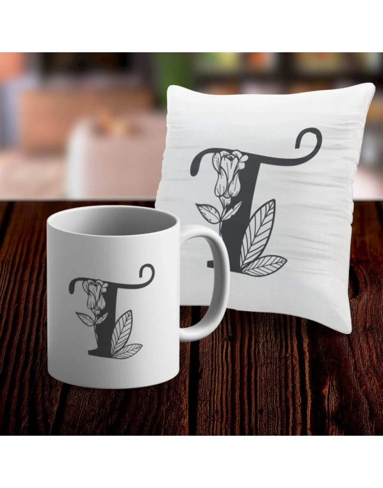 T Harfi Tasarımlı Kupa ve Yastık Kılıfı Hediye Seti
