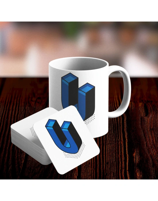 U Harfi Tasarımlı Kupa ve Bardak Altlığı Seti