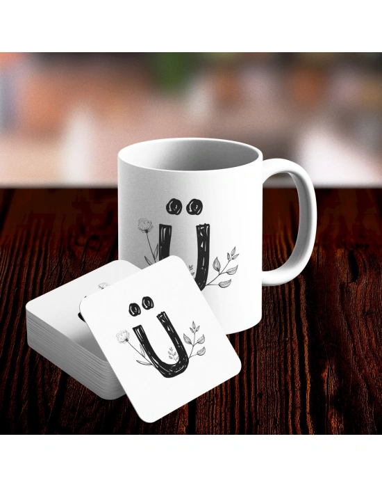 Ü Harfi Tasarımlı Kupa ve Bardak Altlığı Seti