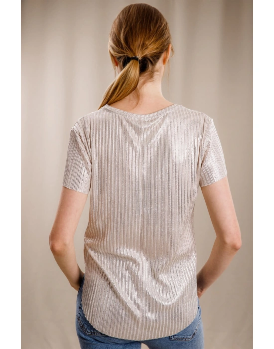 V Yaka Tasarım T-shirt-KREM