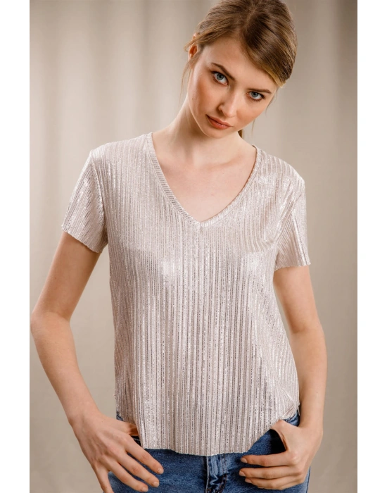 V Yaka Tasarım T-shirt-KREM