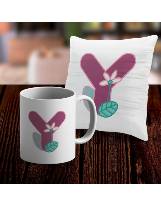 Y Harfi Tasarımlı Kupa ve Yastık Kılıfı Hediye Seti