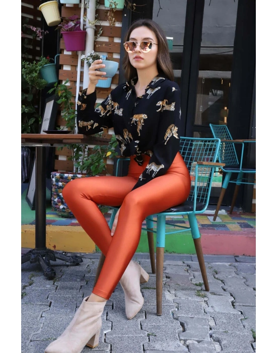 Yüksek Bel Disco Tayt - KİREMİT