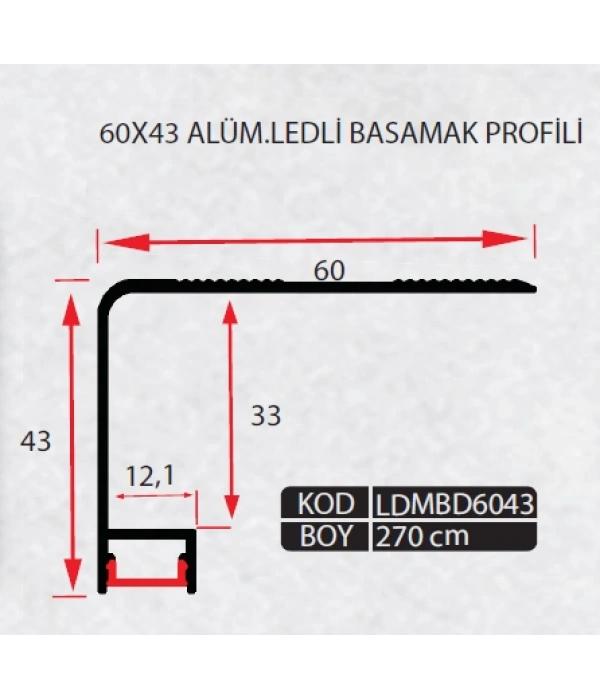LDMBD6043 - 60X43 MM ALM. LEDLİ MERDİVEN BASAMAK PROFİLİ 270 CM