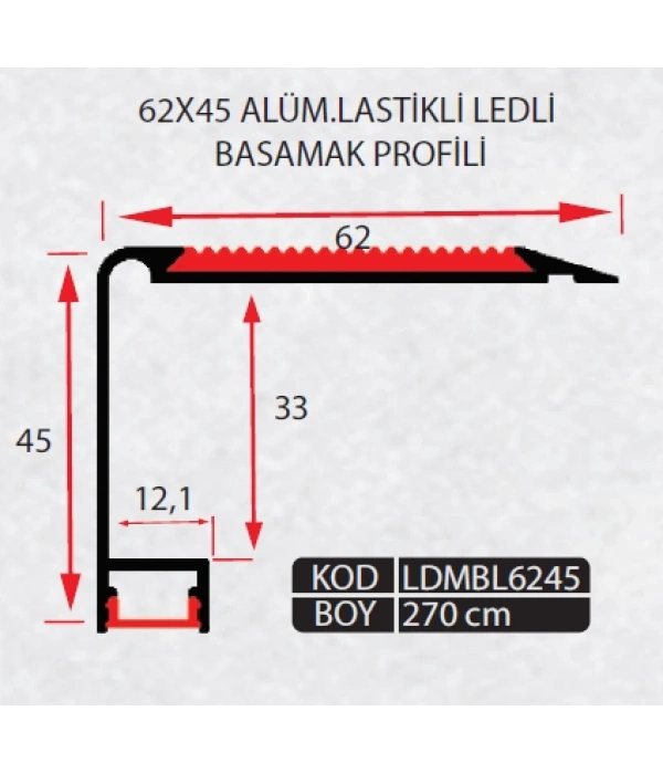 LDMBL6245 - 62X45 MM ALM. LEDLİ MERDİVEN BASAMAK PROFİLİ (LASTİKLİ) 270 CM