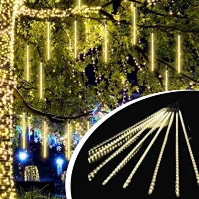 10lu 45 cm Plastik Meteor LED USB 2M Kablo Sarı Renk Ağaç Işığı – Renk Değiştiren Asmalı Dekoratif Bahçe ve Dış Mekan Aydınlatması