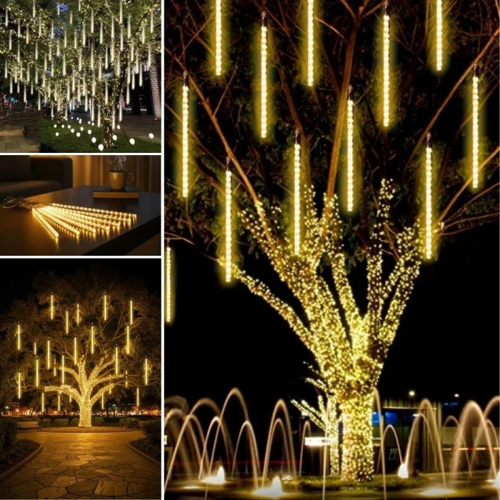 10lu 45 cm Plastik Meteor LED USB 2M Kablo Sarı Renk Ağaç Işığı – Renk Değiştiren Asmalı Dekoratif Bahçe ve Dış Mekan Aydınlatması