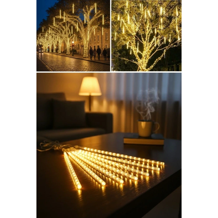 10lu 45 cm Plastik Meteor LED USB 2M Kablo Sarı Renk Ağaç Işığı – Renk Değiştiren Asmalı Dekoratif Bahçe ve Dış Mekan Aydınlatması