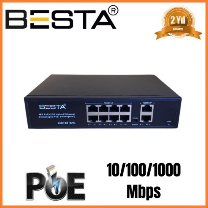 10 PORT GİGABİT POE SWİTCH 10/100/1000 Mbps 8 Port POE BST1020G