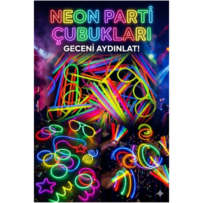 100 Adet Fosforlu Glow Stick Parti Seti | Bileklik, Kolye ve Eğlenceli Işık Çubukları