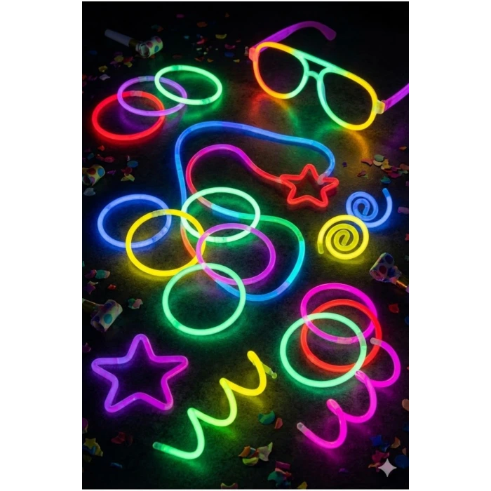 100 Adet Fosforlu Glow Stick Parti Seti | Bileklik, Kolye ve Eğlenceli Işık Çubukları