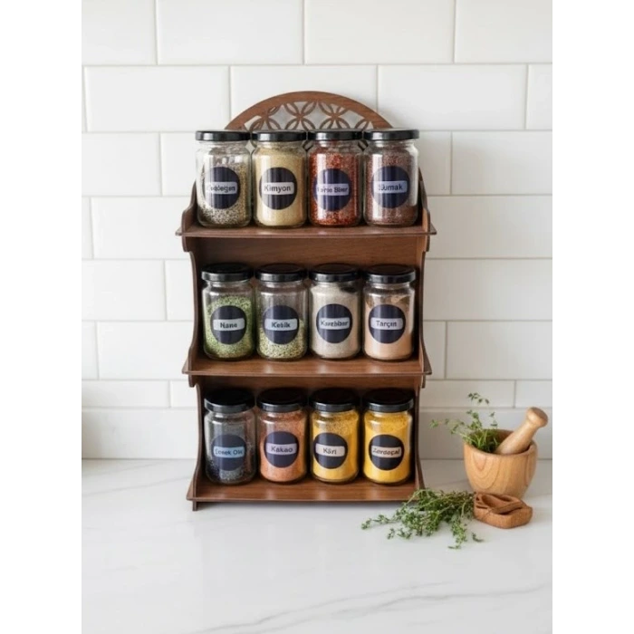 12li Meşe Rengi Mdf Standlı Dekoratif Baharatlık Seti - Baharatlık Takımı