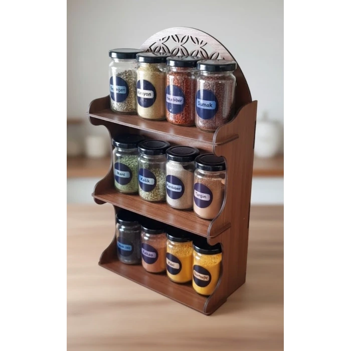 12li Meşe Rengi Mdf Standlı Dekoratif Baharatlık Seti - Baharatlık Takımı