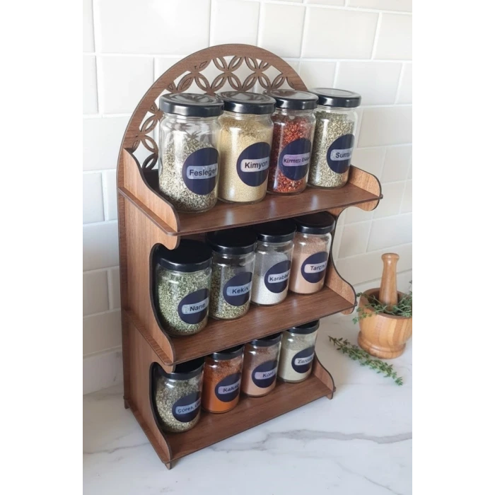 12li Meşe Rengi Mdf Standlı Dekoratif Baharatlık Seti - Baharatlık Takımı