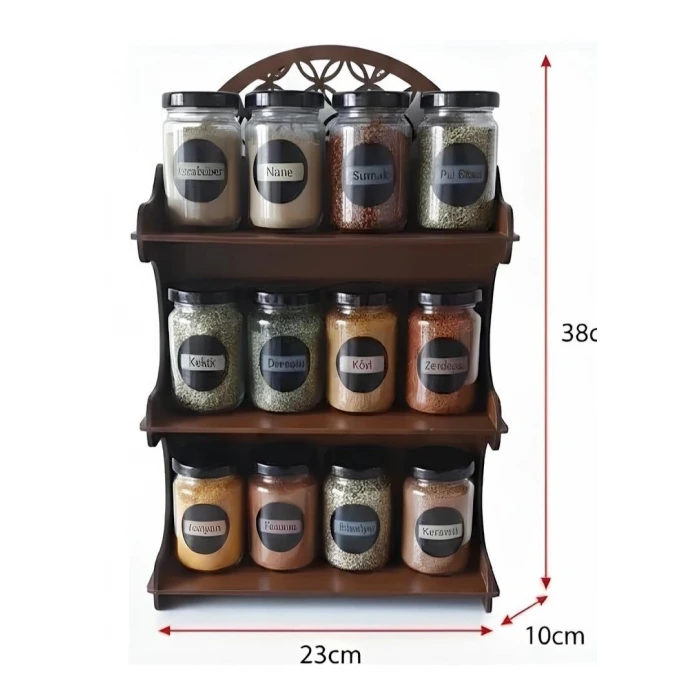 12li Meşe Rengi Mdf Standlı Dekoratif Baharatlık Seti - Baharatlık Takımı
