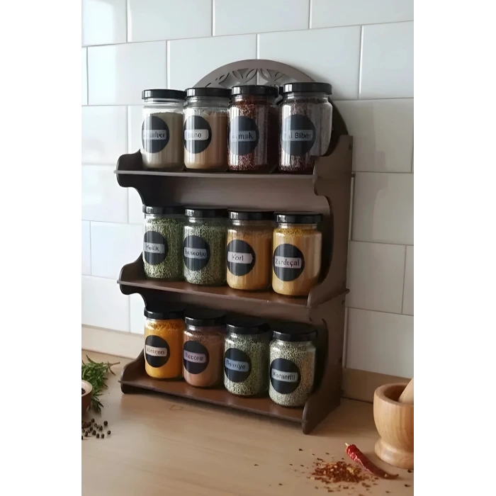12li Meşe Rengi Mdf Standlı Dekoratif Baharatlık Seti - Baharatlık Takımı