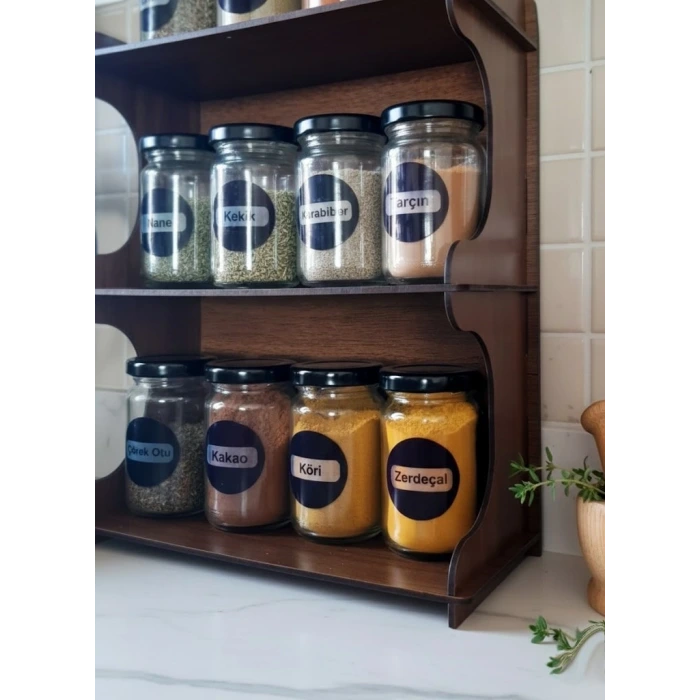 12li Meşe Rengi Mdf Standlı Dekoratif Baharatlık Seti - Baharatlık Takımı