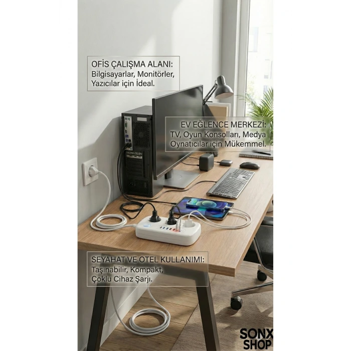2500W Çoklu Priz 2 METRE – 3’lü AC Priz +5 USB Çıkışı AKIM KORUMALI Alev Almayan Gövde,