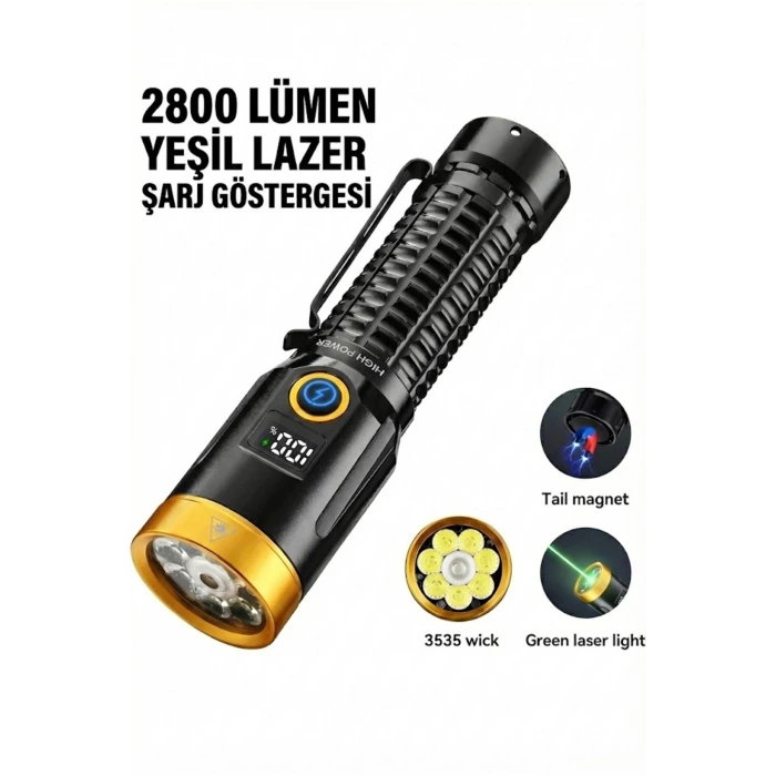 2800 Lümen Yeşil Lazerli Şarjlı El Feneri - Dijital Göstergeli Mıknatıslı Taktik Kamp Feneri