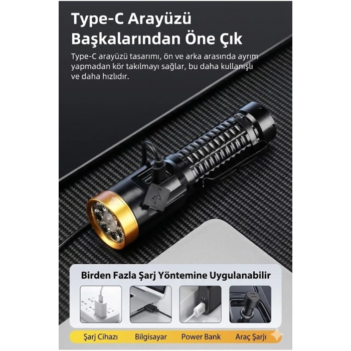 2800 Lümen Yeşil Lazerli Şarjlı El Feneri - Dijital Göstergeli Mıknatıslı Taktik Kamp Feneri