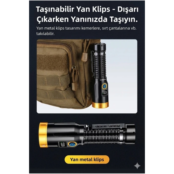 2800 Lümen Yeşil Lazerli Şarjlı El Feneri - Dijital Göstergeli Mıknatıslı Taktik Kamp Feneri