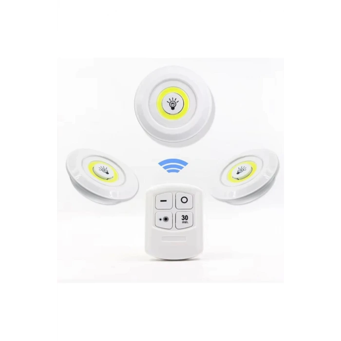 3 Lü Kumandalı Yapışkanlı Kablosuz Pilli Led Spot Lamba Işıldak