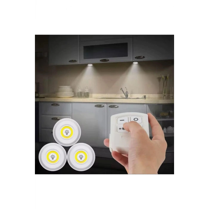 3 Lü Kumandalı Yapışkanlı Kablosuz Pilli Led Spot Lamba Işıldak