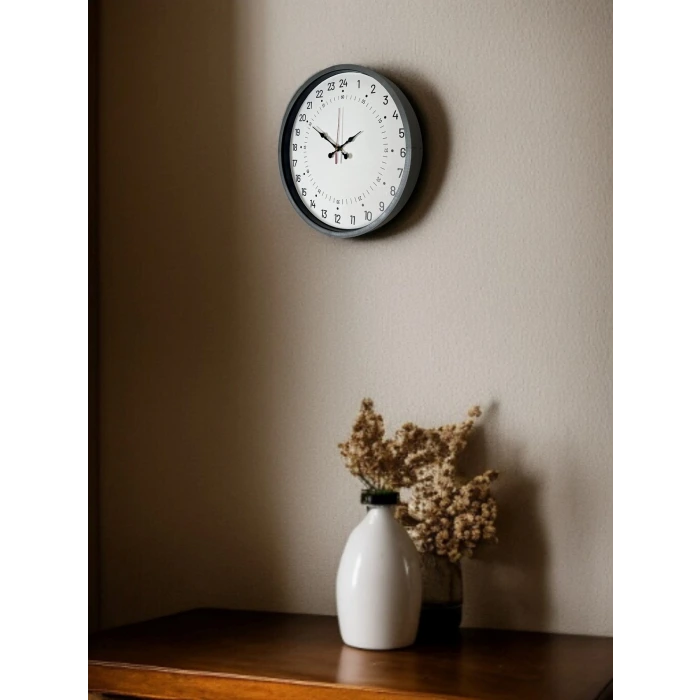 36 Cm Gri 24 Saat Göstergeli Özel Tasarım Duvar Saati
